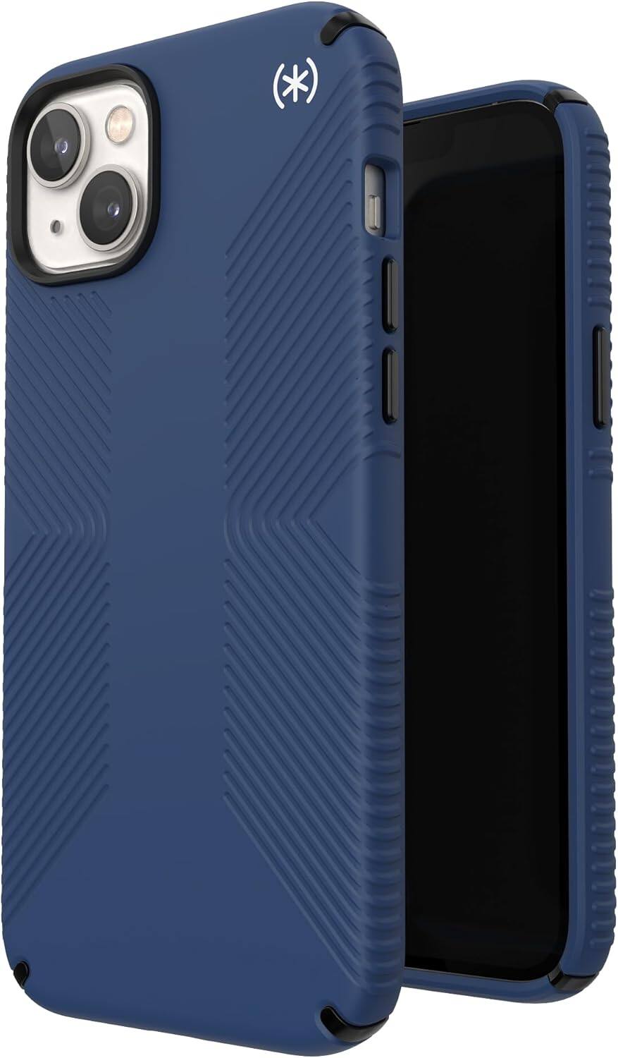 Left. Speck - Speck Presidio2 Grip with MagSafe Case for iPhone 14 Plus Coastal Blue/Black/White - Blue/Black/White.