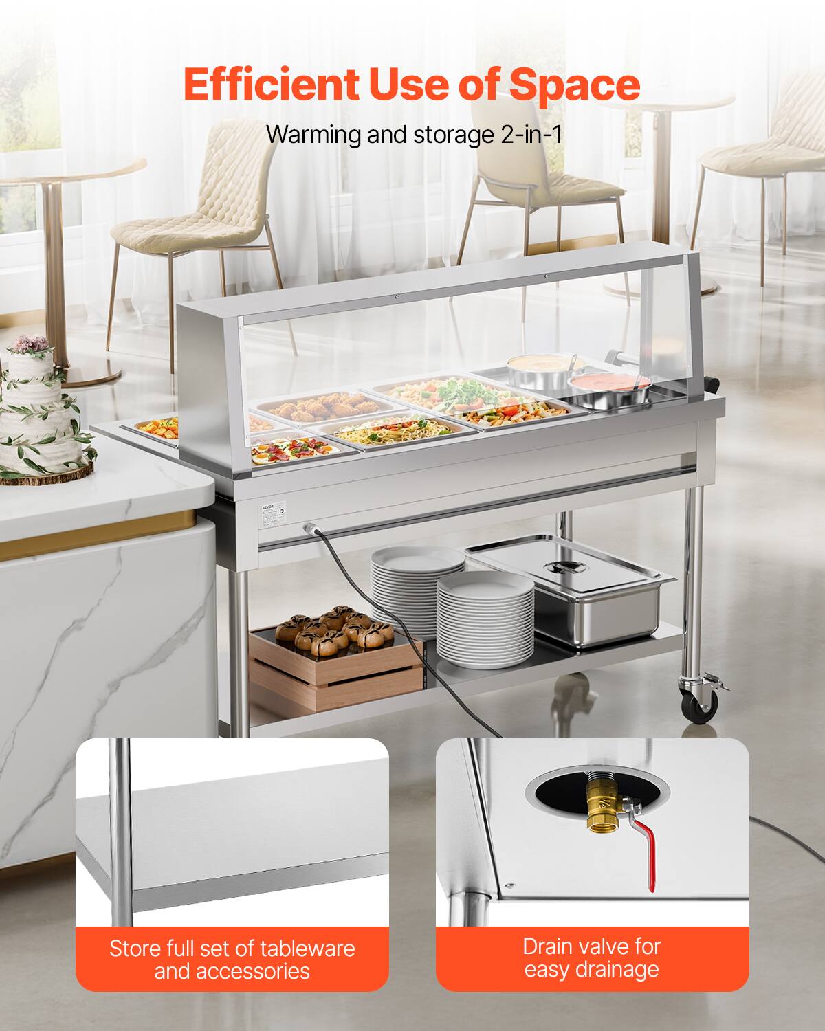 Efficient Use of Space  
Warming and storage 2-in-1

- Store full set of tableware and accessories
- Drain valve for easy drainage