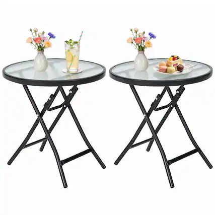 Front. Gymax - Gymax 2PCS Patio Side Table Round Bistro Table w/Tempered Glass Tabletop for Outdoor Black - Black.