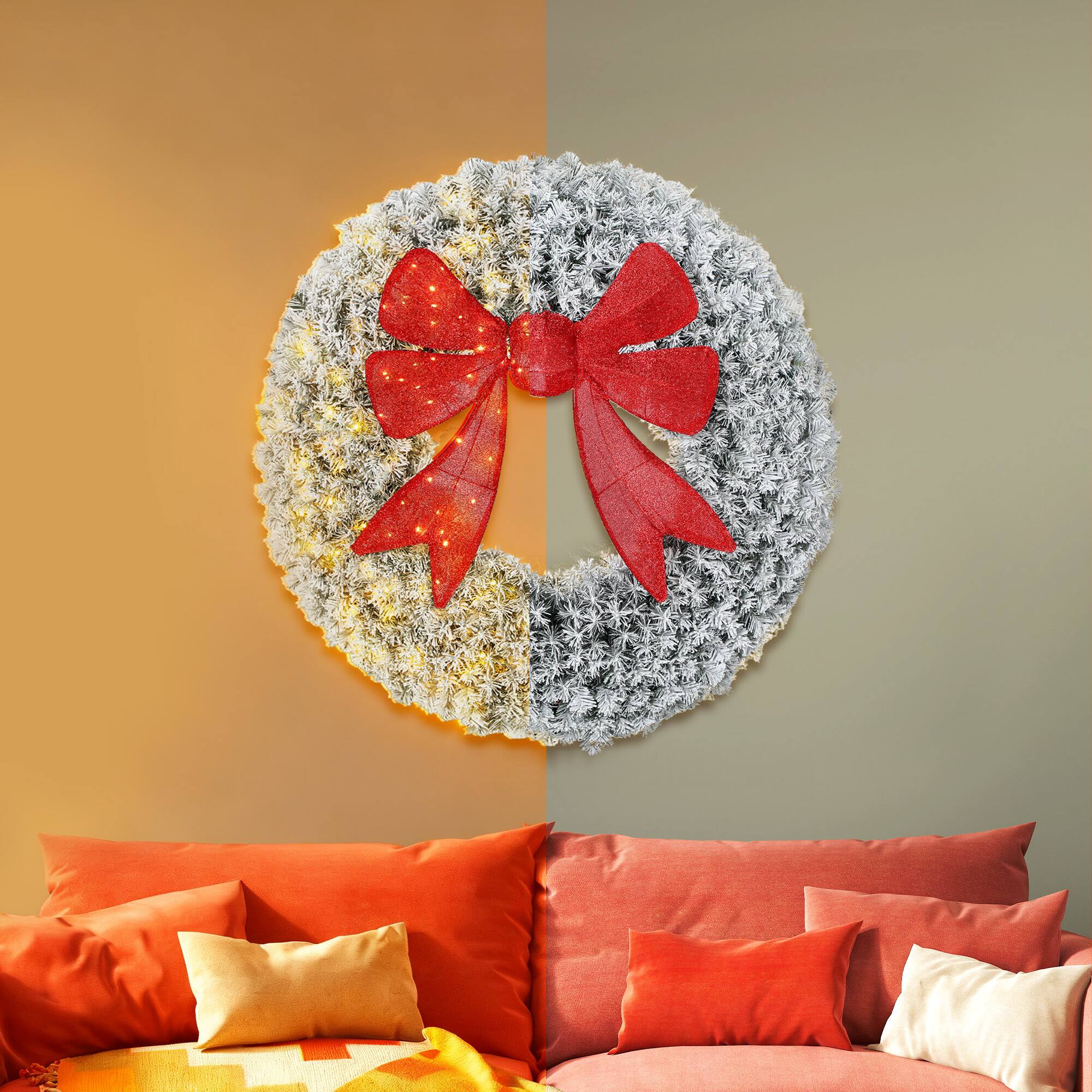 Alt View 8. Homcom - 36in Flocked Pre-Lit Xmas Wreath, 3D Red Bow, 11 Modes, Remote, 140 LEDs, 300 Tips, Indoor Outdoor - Green.