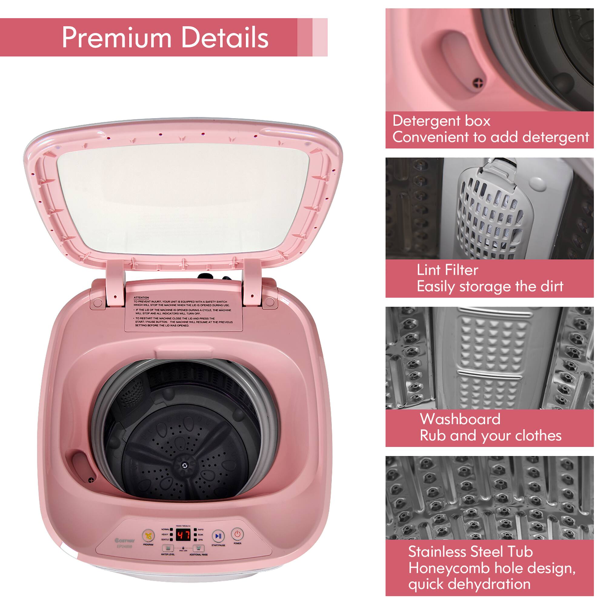 Premium Details:
- Detergent box: Convenient to add detergent
- Lint filter: Easily store the dirt
- Washboard: Rub and your clothes
- Washboard: Washboard rub and your clothes
- Stainless Steel Tub: Honeycomb hole design, quick dehydration