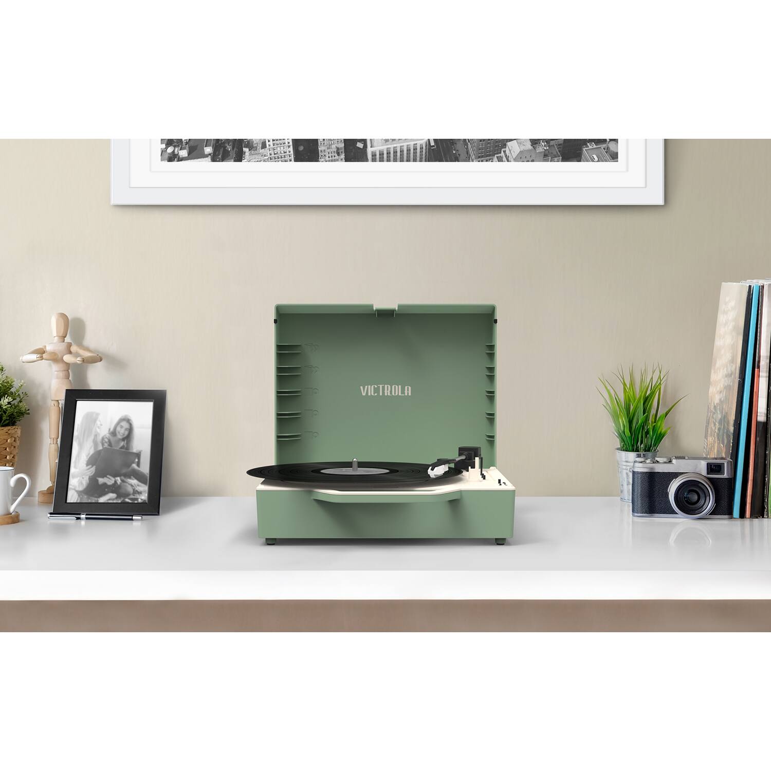 Alt View Zoom 24. Victrola - Re-Spin Sustainable Bluetooth Suitcase Record Player - Basil Green.