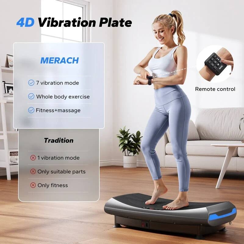 4D Vibration Plate

MERACH
- 7 vibration mode
- Whole body exercise
- Fitness+massage

Tradition
- 1 vibration mode
- Only suitable parts
- Only fitness