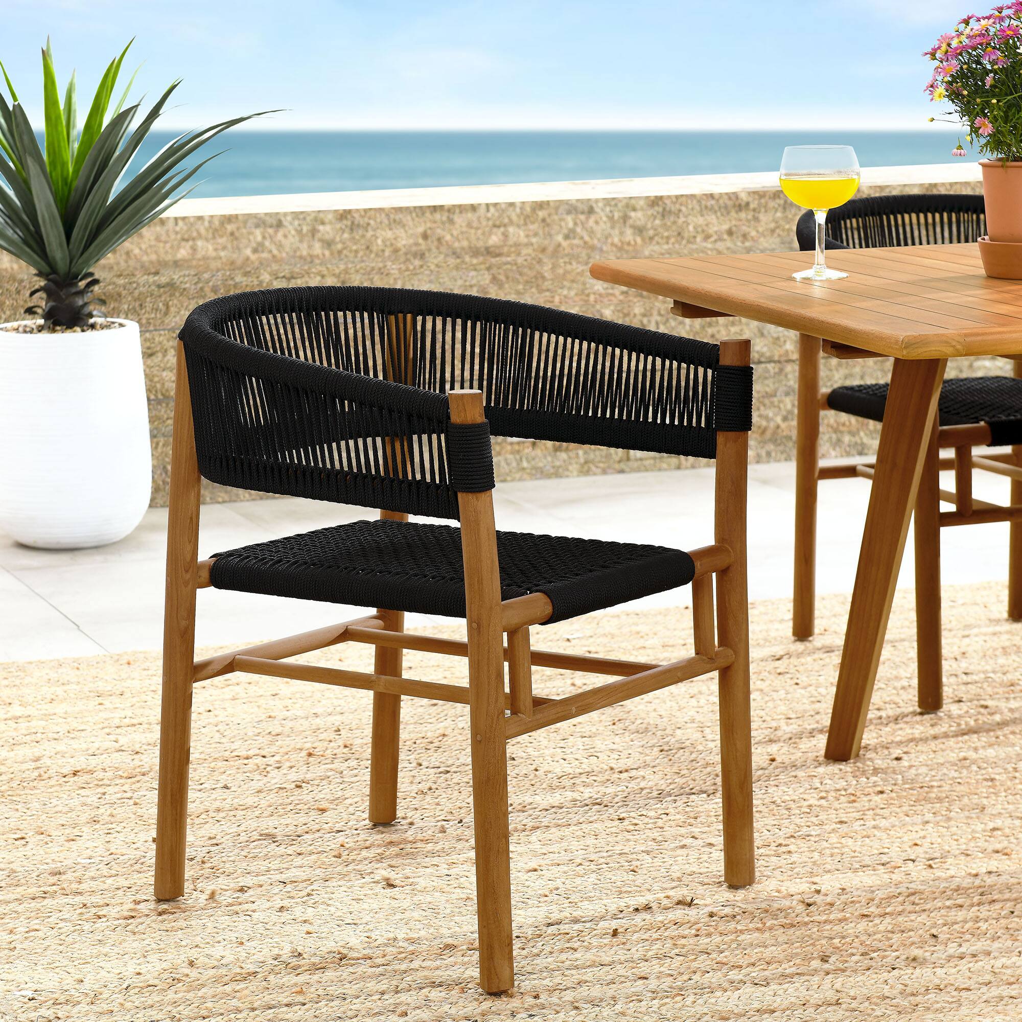 Front. Modway - Vienna Outdoor Patio Teak and Rope Curved-Back Dining Armchairs Set of 2 by Modway - Natural Black.