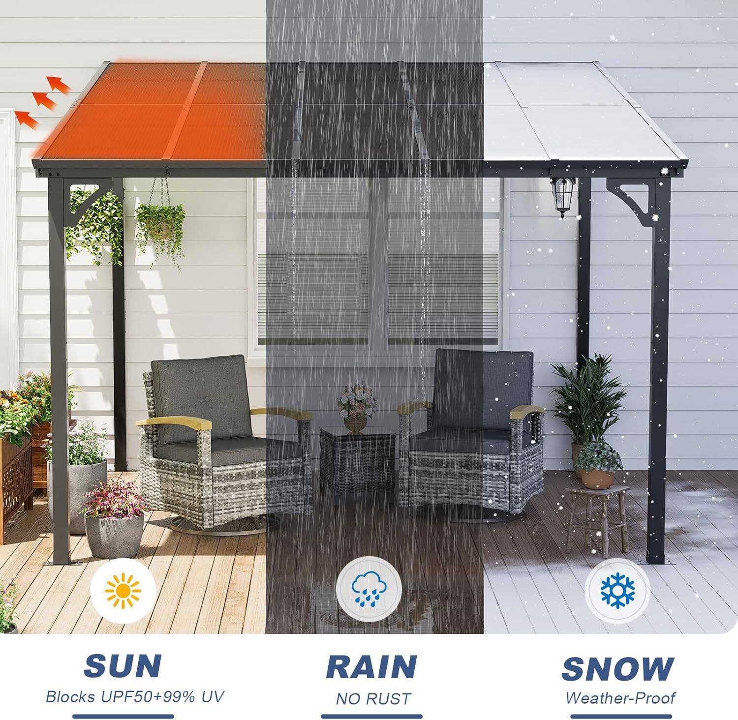 SUN  
Blocks UPF50+ 99% UV  

RAIN  
NO RUST  

SNOW  
Weather-Proof