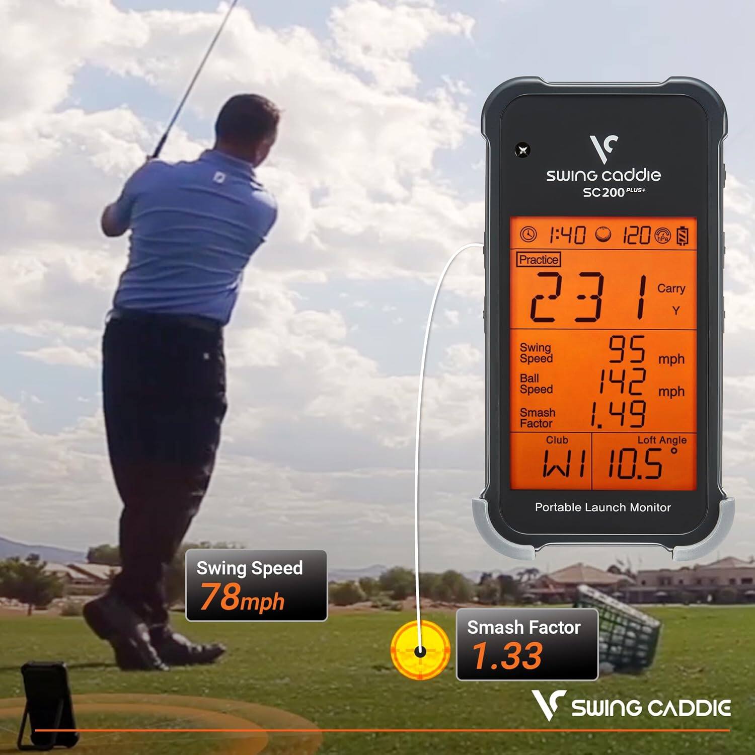 SWING CADDIE SC200 PLUS

1:40 120

Practice Carry 231 Y

Swing Speed 95 mph

Ball Speed 142 mph

Smash Factor 1.49

Club Loft Angle IM 10.5

Portable Launch Monitor

Swing Speed 78mph

Smash Factor 1.33
