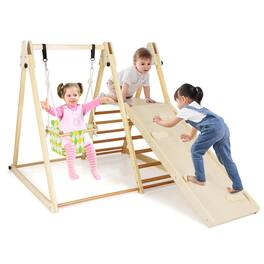 Costway - 4-in-1 Indoor Jungle Gym with Baby Swing, Climber, Ladder and Resting Platform - Natural