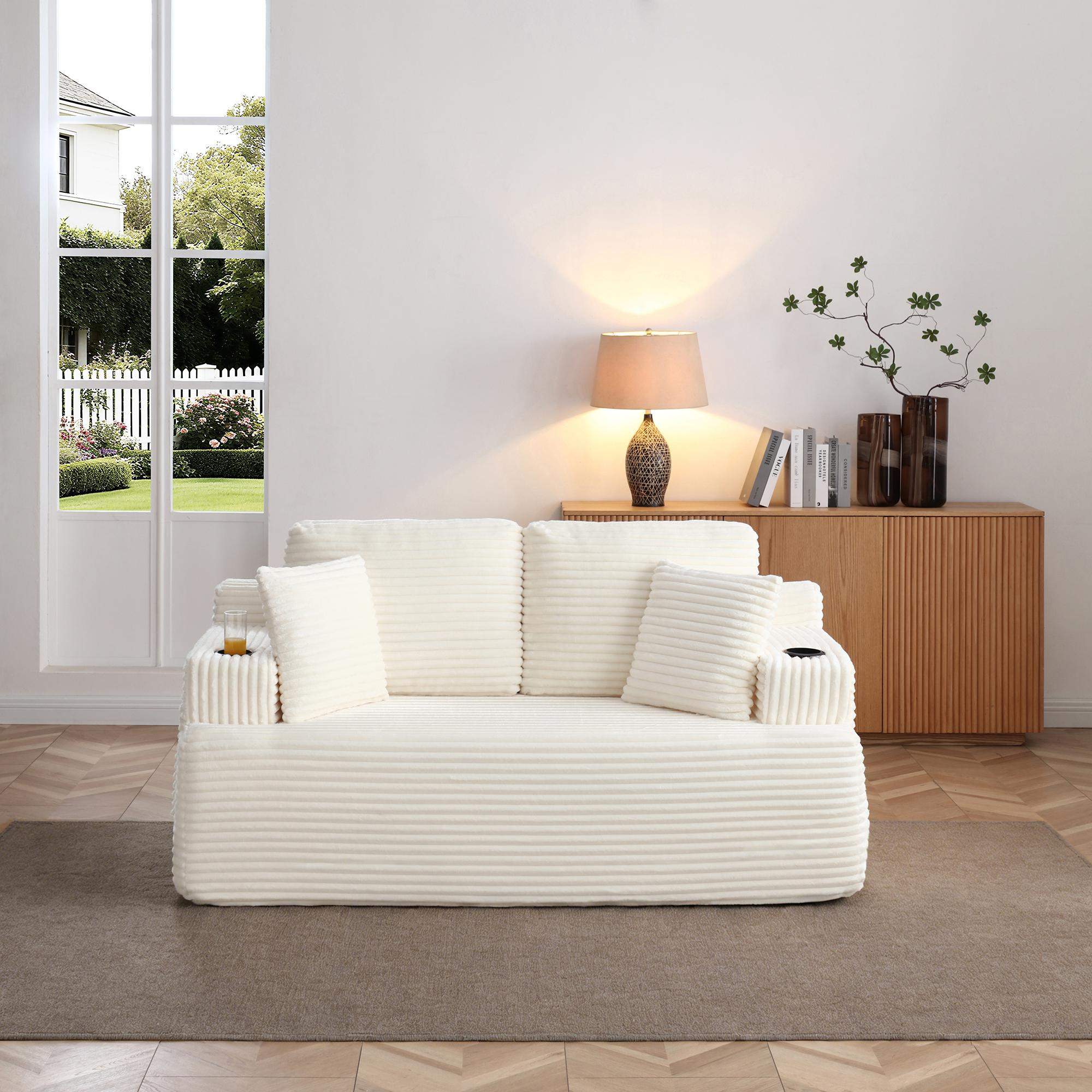 Left. Roomtec - 66.5Boneless Sofa Couch with 2 Pillows Extra Corduroy Fabric 2 Seater with Cup Holder Side Pocket Upholstered Floor - Beige.