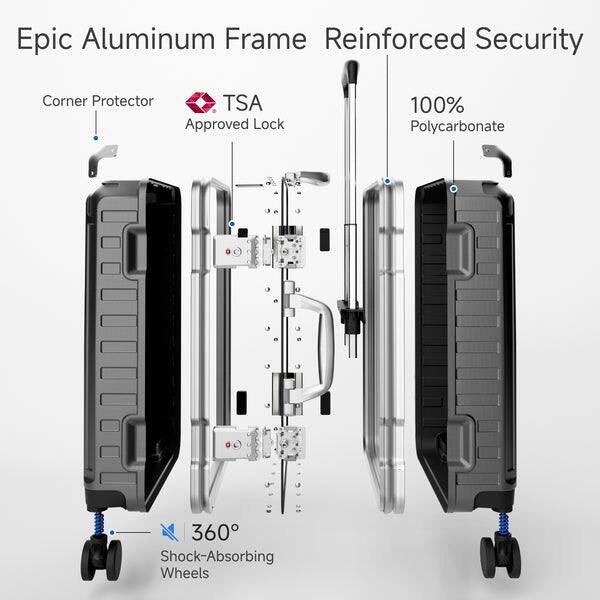 Epic Aluminum Frame Reinforced Security Corner Protector TSA Approved Lock 100% Polycarbonate 360 Shock-Absorbing Wheels