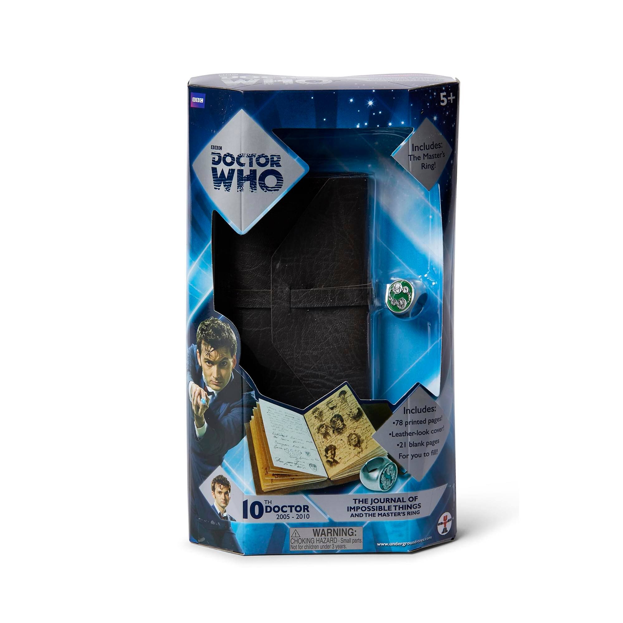 S 5+ INEEN DOCTOR WHO Includes: The Master's Ring Includes: 78 printed pages "Leather-look cover! +21 blank pages to fill For you THE JOURNAL OF THE 10TH DOCTOR IMPOSSIBLE THINGS AND THE MASTER'S RING 2005 - 2010 A WARNING: CHOKING HAZARD Small parts Not for children under 3 years. www.underground.com