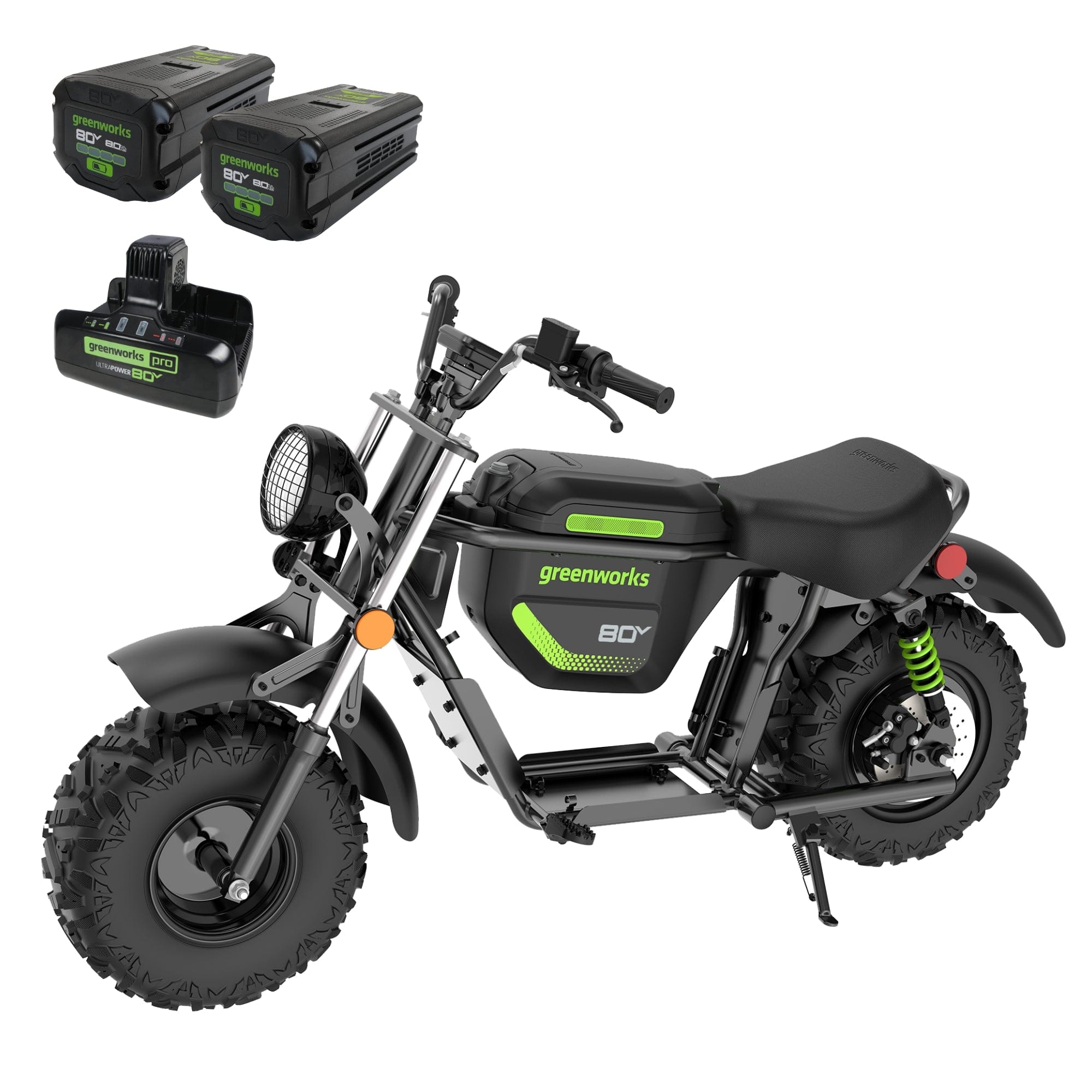 Greenworks - 80V Series Mini Bike w/27mi Max Op. Range & 25MPH Max Speed & 2x 8.0Ah Batteries + Dual-Port Rapid Charger - Stealth - Front_Zoom