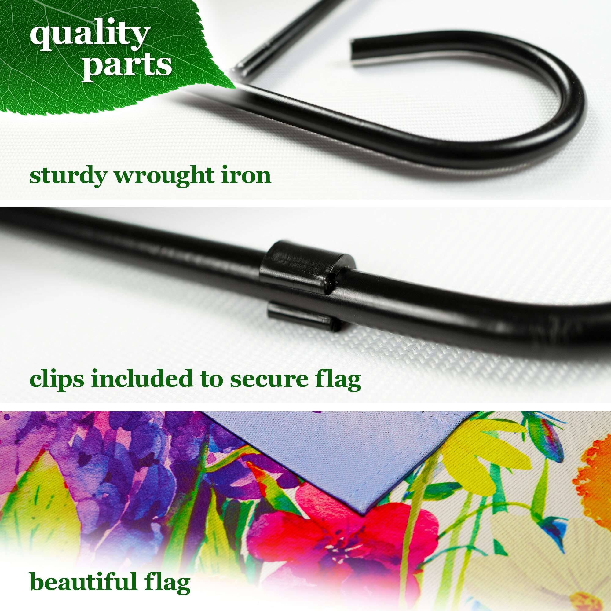 quality parts  
sturdy wrought iron  
clips included to secure flag  
beautiful flag