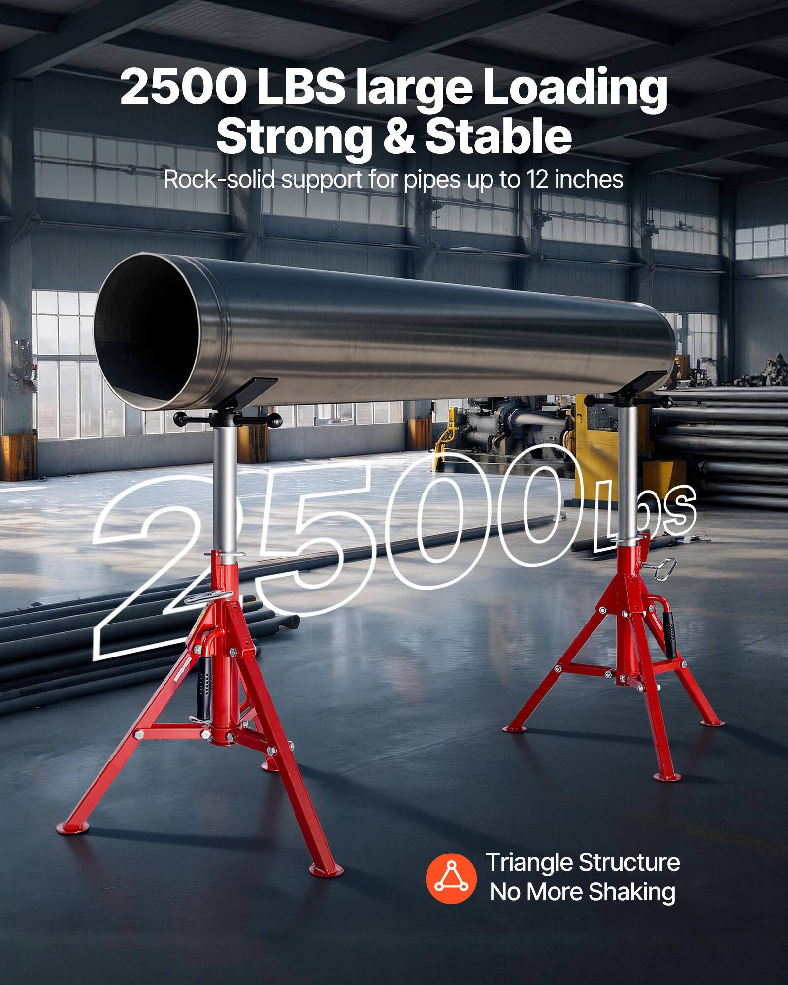2500 LBS large Loading Strong & Stable  
Rock-solid support for pipes up to 12 inches  
2.500 Lbs  
Triangle Structure  
No More Shaking
