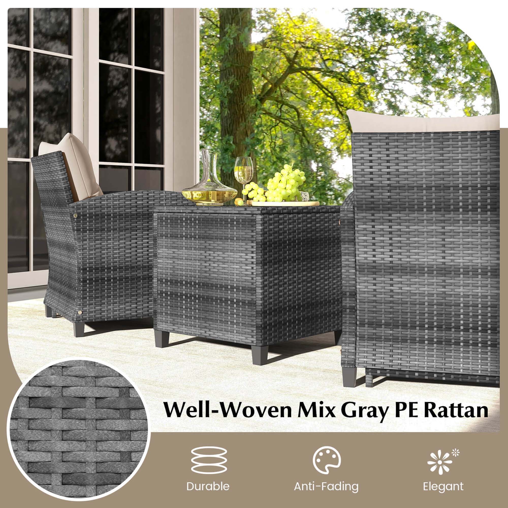 Well-Woven Mix Gray PE Rattan  
Durable  
Anti-Fading  
Elegant