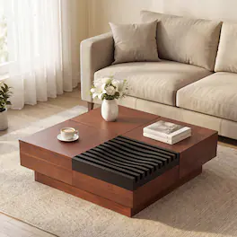 Costway - 32" Square Coffee Table with Storage Tray, Drawer, 2 Slide-open compartments - Walnut + Black