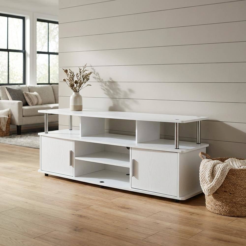 Alt View 1. FurniFact - White TV stand with particle board and stainless steel accents, modern design - White.