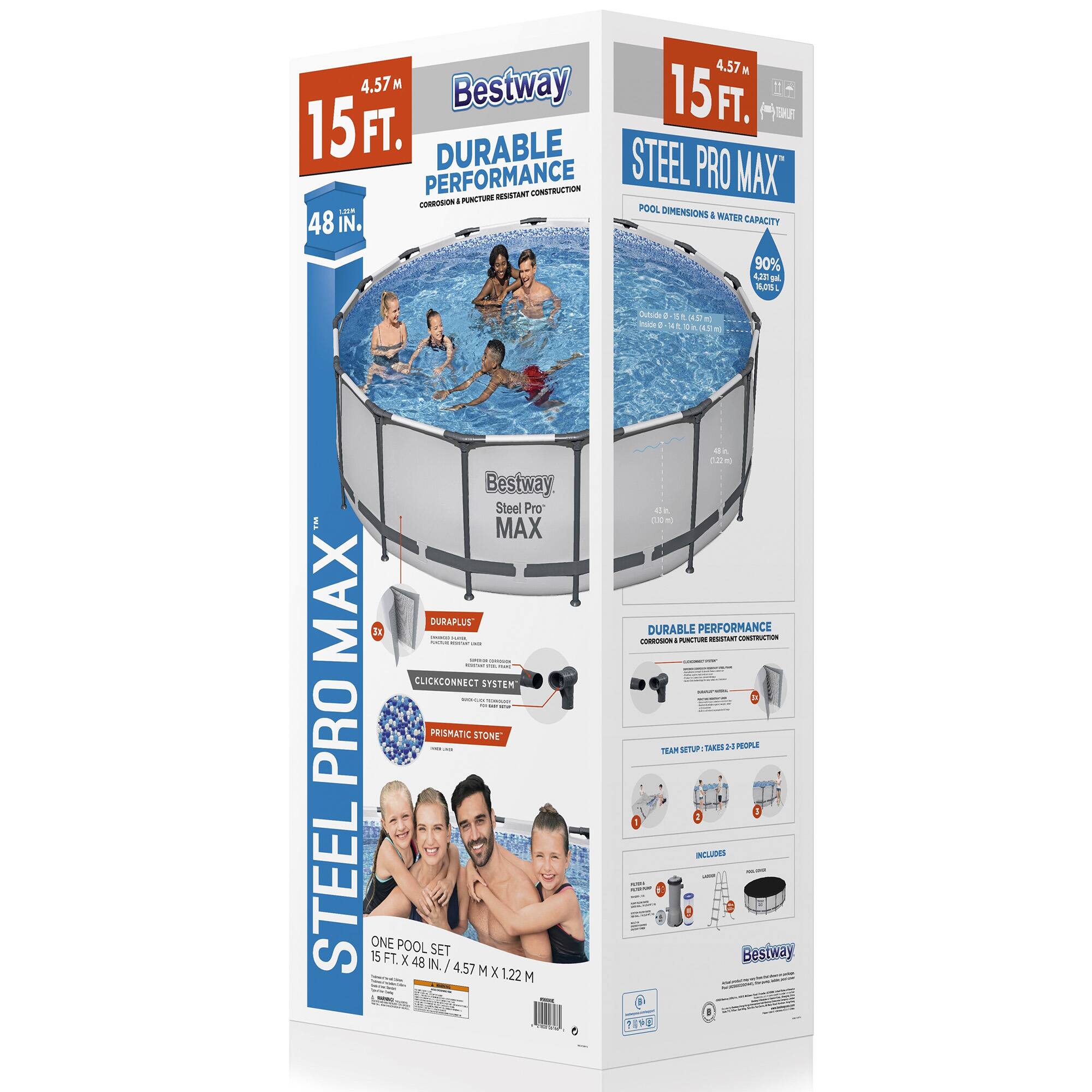 The text on the image reads: "Bestway 15 FT. Durable Steel Performance Construction Pro Max 3 Duraplus | ClickConnect System | Pro Prismatic Stone Steel One 15 FT. Pool x 48 IN. Set / 4.57 M X 1.22 M - 8 OURABLE PERFORMANCE - PUNITUM RESISTANT - POPULAR TEAM INCLUDES."