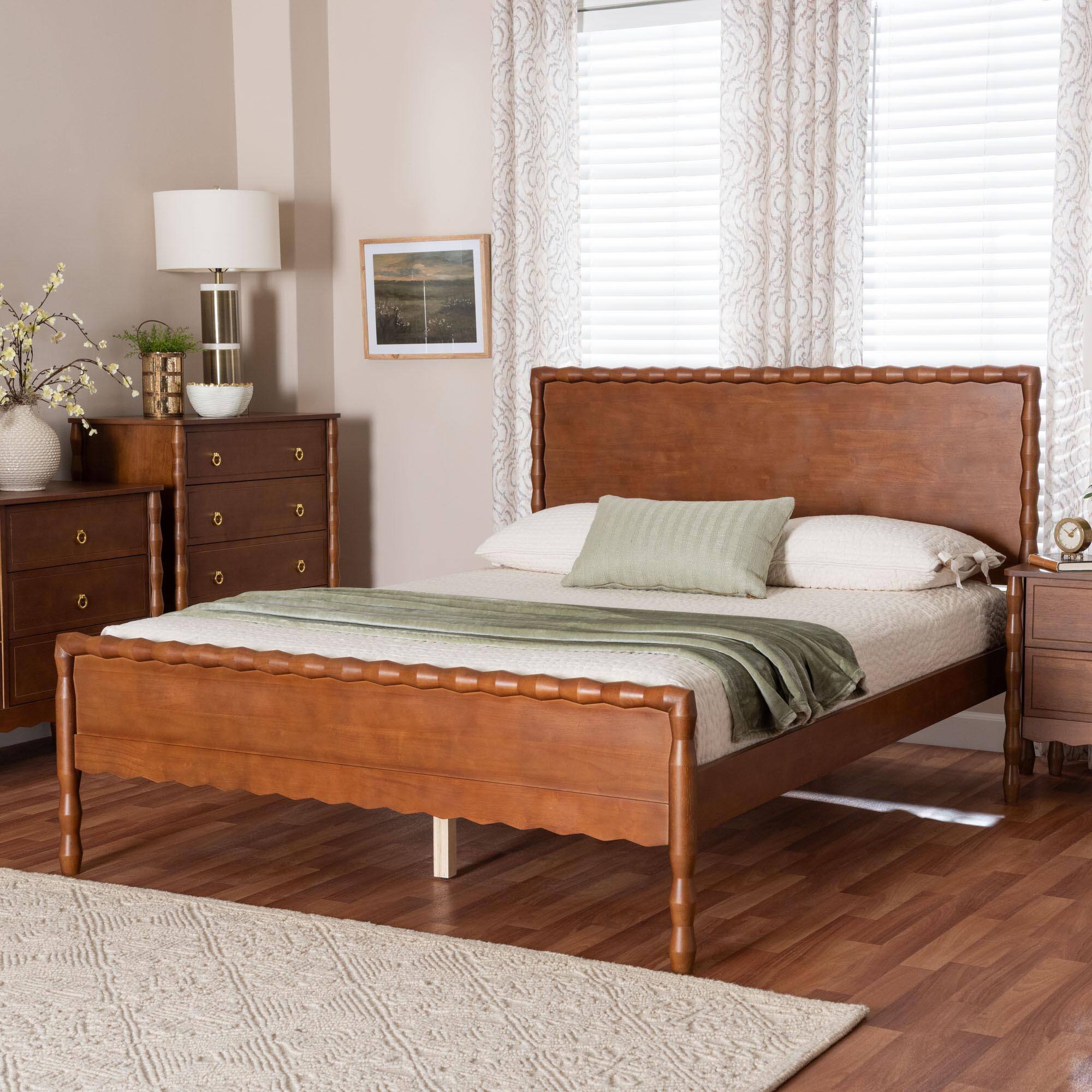 Alt View 3. Baxton Studio - Seamus Platform Bed with Carved Bobbin Frame, Queen - Walnut Brown.