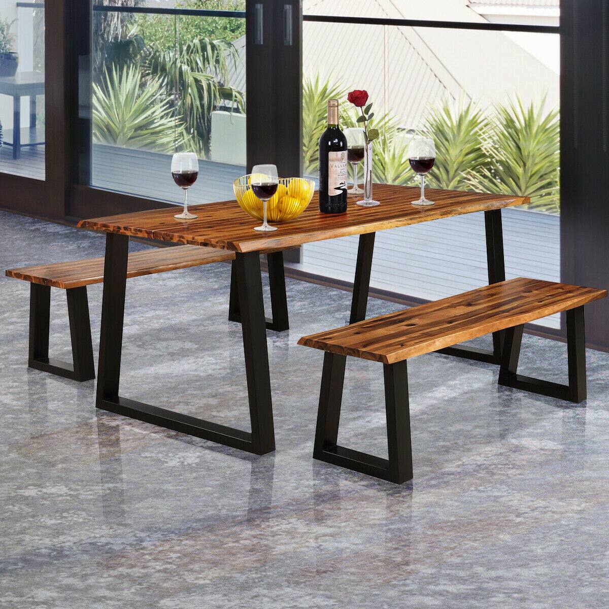 Alt View 2. Gymax - Gymax Picnic Table Set Acacia Wood 3 Piece Table Bench Outdoor Patio - Brown + Black.