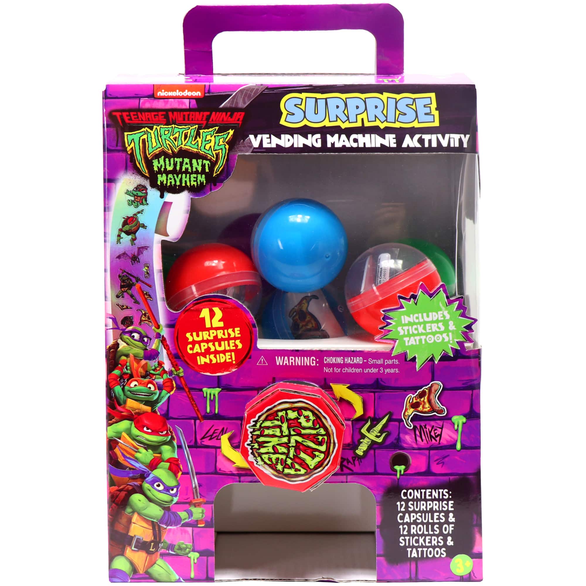The image shows a box containing a Teenage Mutant Ninja Turtles vending machine activity. The box contains 12 surprise capsules, which are filled with various toys and stickers. The box also includes 12 rolls of stickers and tattoos. The warning on the box indicates that the small parts may pose a choking hazard and are not suitable for children under 1 year old. The box is designed to be a fun and engaging activity for children, providing them with a variety of toys and stickers to enjoy.