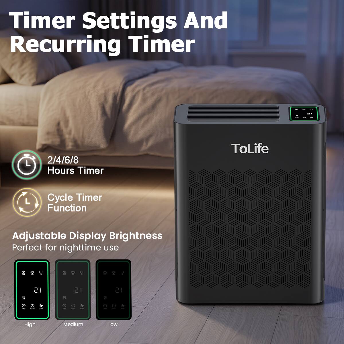 Timer Settings And Recurring Timer

2/4/6/8 Hours Timer

Cycle Timer Function

Adjustable Display Brightness Perfect for nighttime use

High
Medium
Low