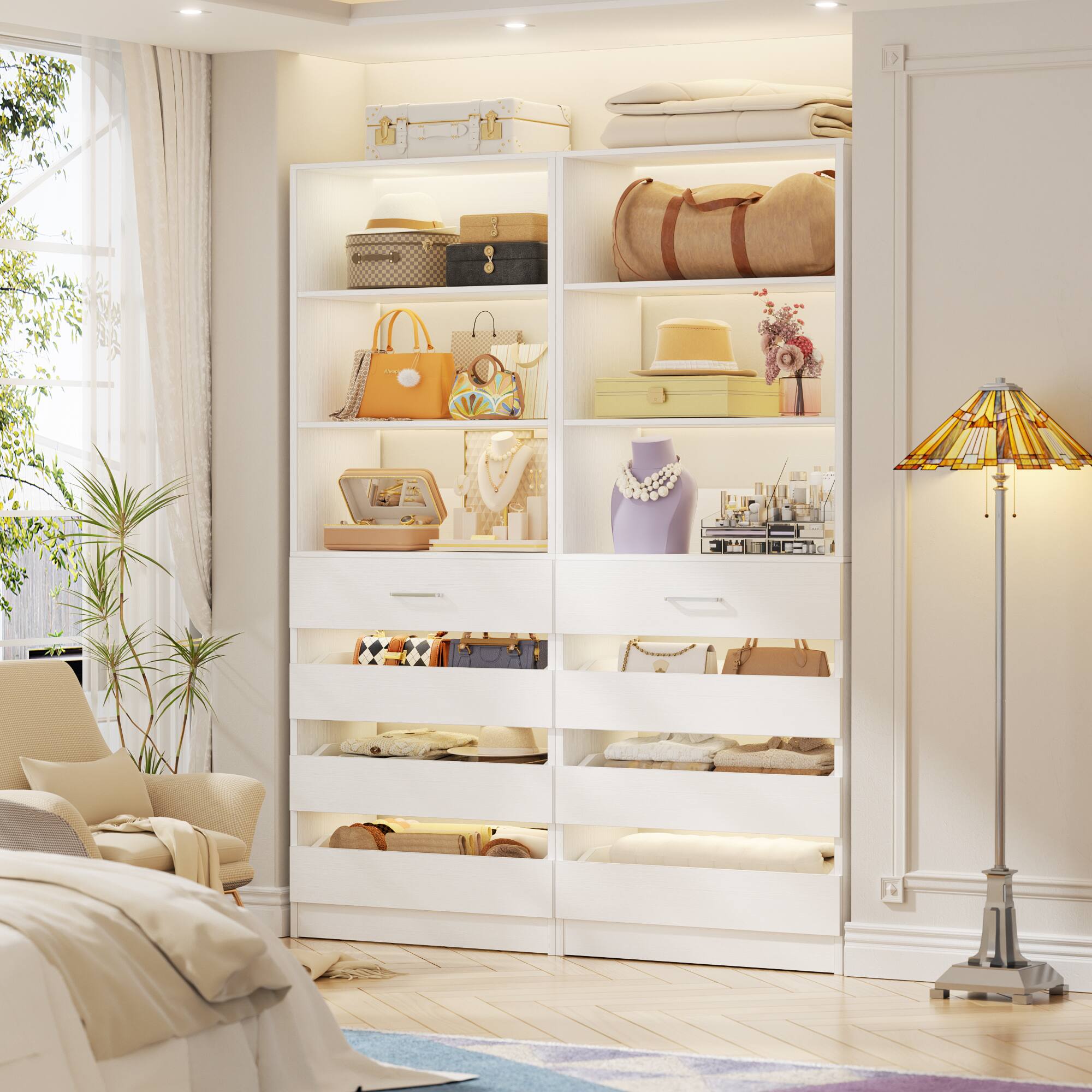 Back. Aheaplus - 2 Pack-Premium Wood Pantry Cabinet: 4 Drawers, 3 Shelves, Wall-Fit Design for Organized Kitchen Storage - White.