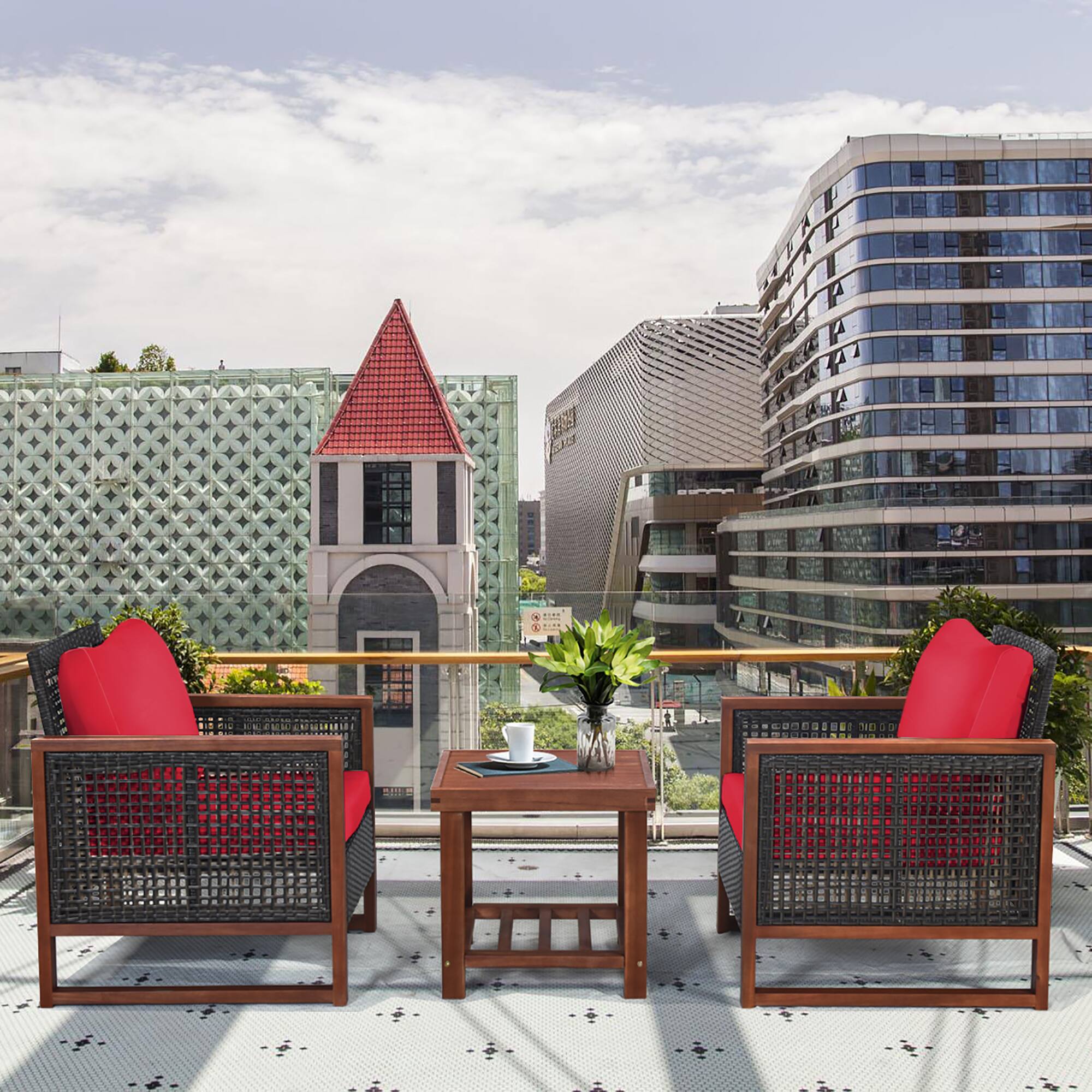 Alt View 3. Costway - Costway 3PCS Patio Wicker Furniture Set Solid Wood Frame Cushion Sofa w/ Square Table Shelf - Red.