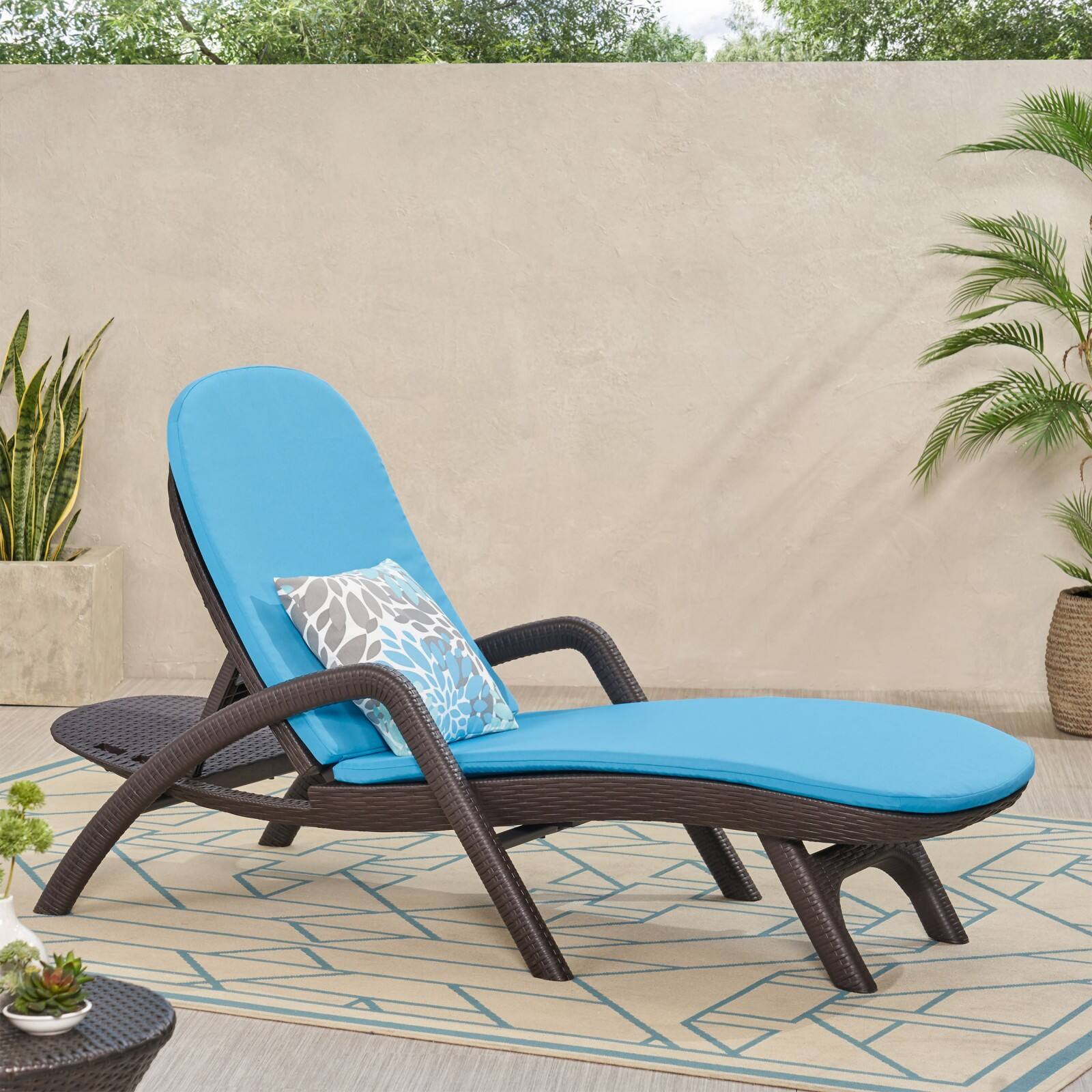 Alt View 1. Ecooso - Weather-Resistant Plastic Chaise Lounge with Wicker-Like Texture, Cushion, Ergonomic Design, and Stable Support Frame - Dark Brown.