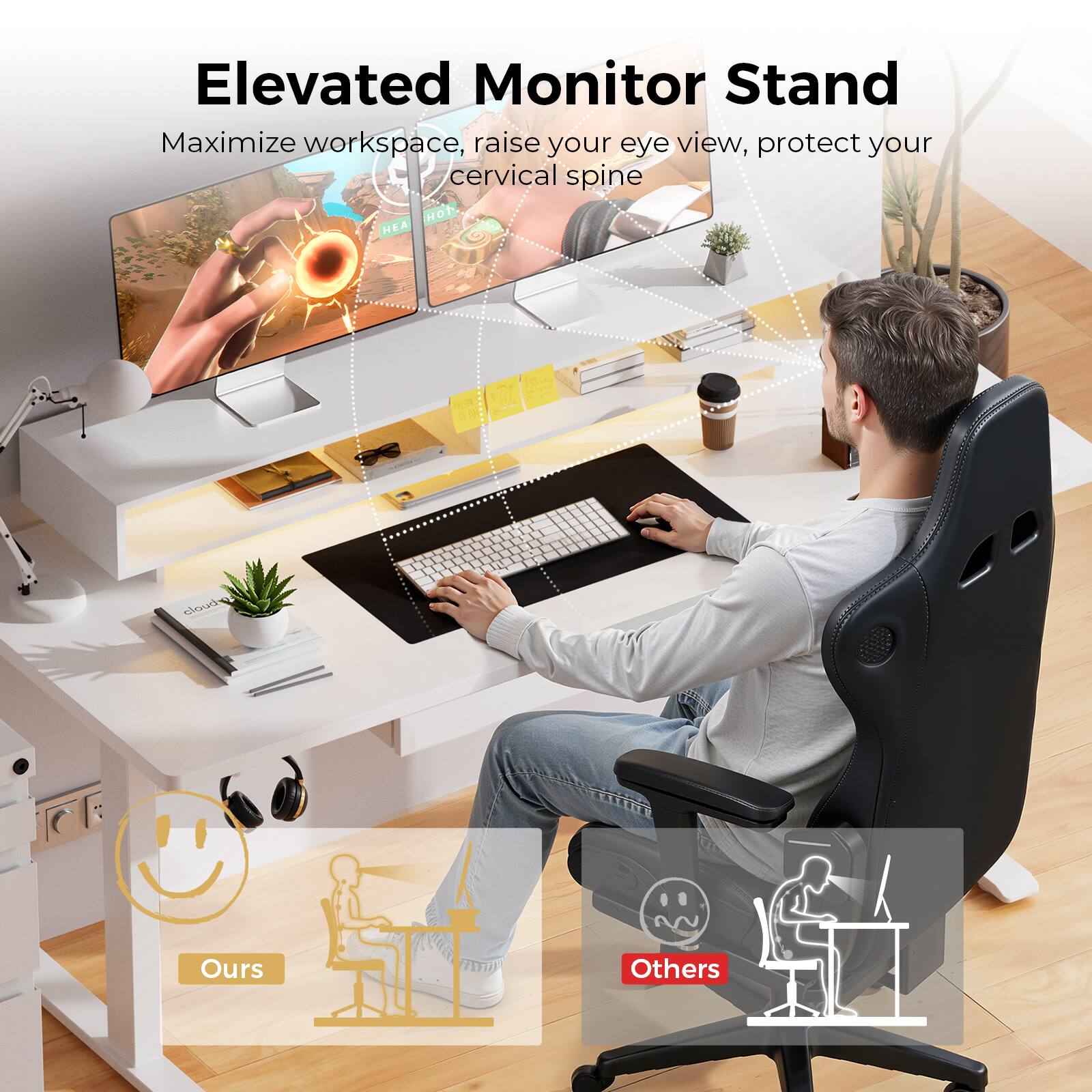 Elevated Monitor Stand

Maximize workspace, raise your eye view, protect your cervical spine

Ours

Others
