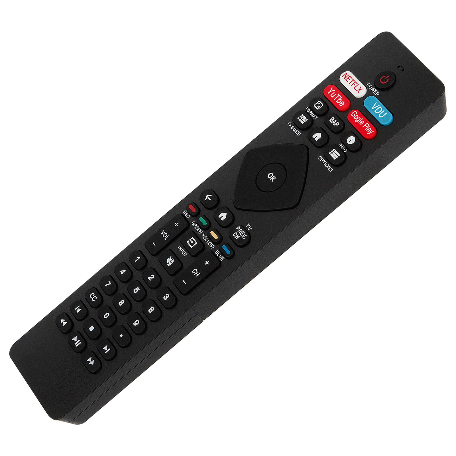 7 CC I 0 I V 1 - 4 5 8 6 . T RED + GREEN VOL I YELLOW INPUT BLUE + CH 2 I 3 9 TV CH PREV. OK NETFLIX YOUTUBE POWER S i FORMAT GOOGLE VDU TV I SAP GUIDE PLAY F : INFO OPTIONS