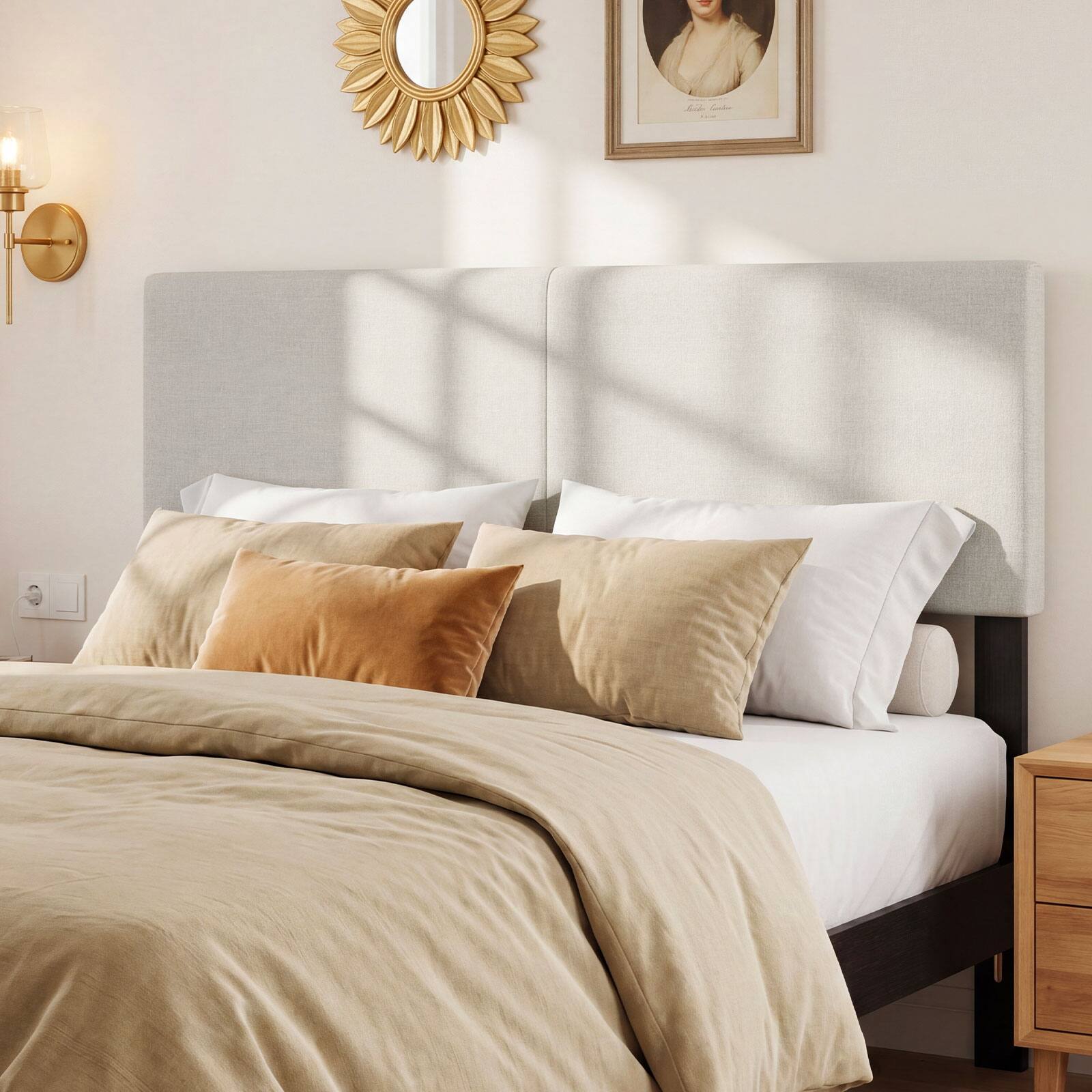 Alt View 1. Gymax - Gymax Upholstered Headboard Queen/Full SizeVertical Quilted Linen Fabric Bed Frame Beige - Beige.