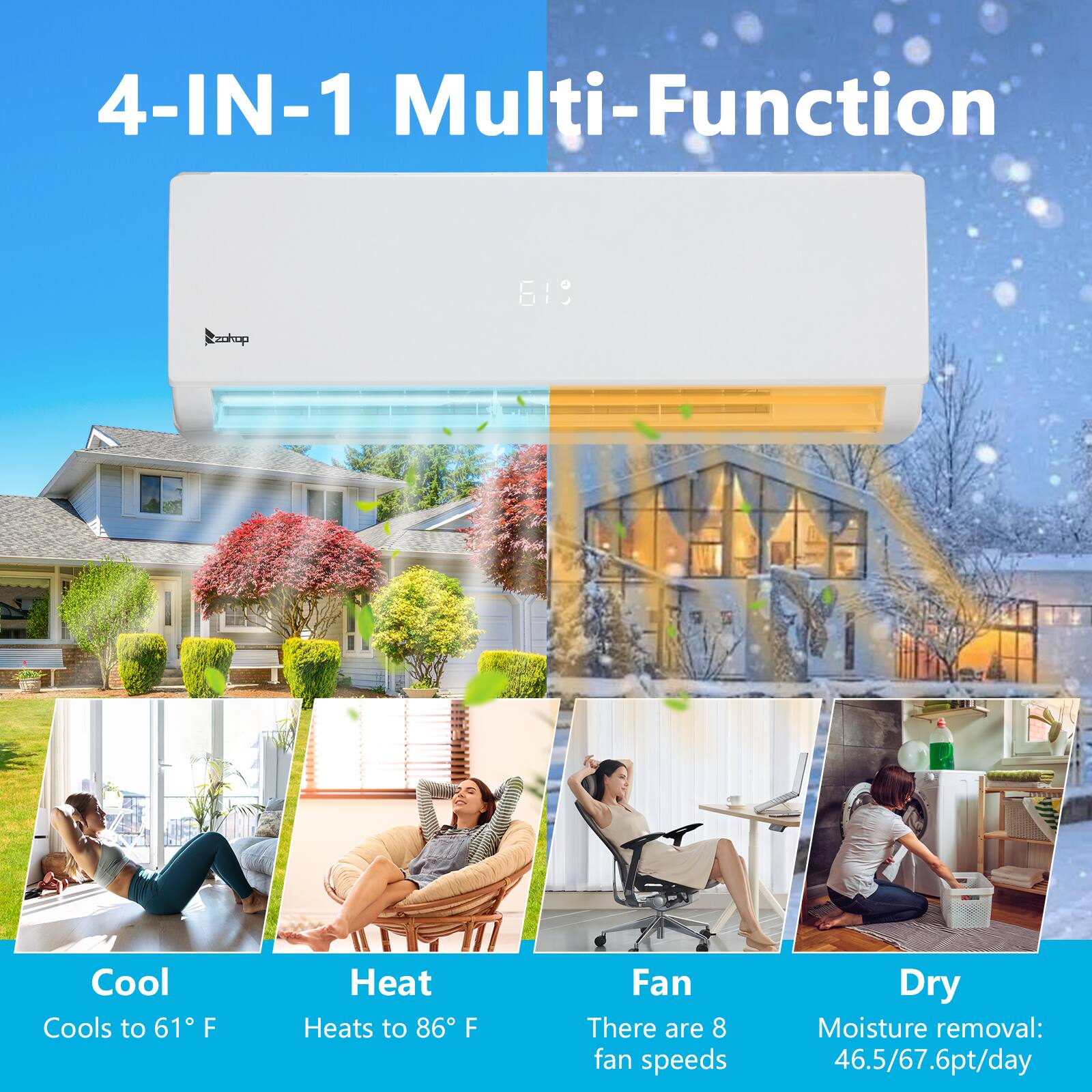 4-IN-1 Multi-Function

Cool
Cools to 61°F

Heat
Heats to 86°F

Fan
There are 8 fan speeds

Dry
Moisture removal: 46.5/67.6pt/day