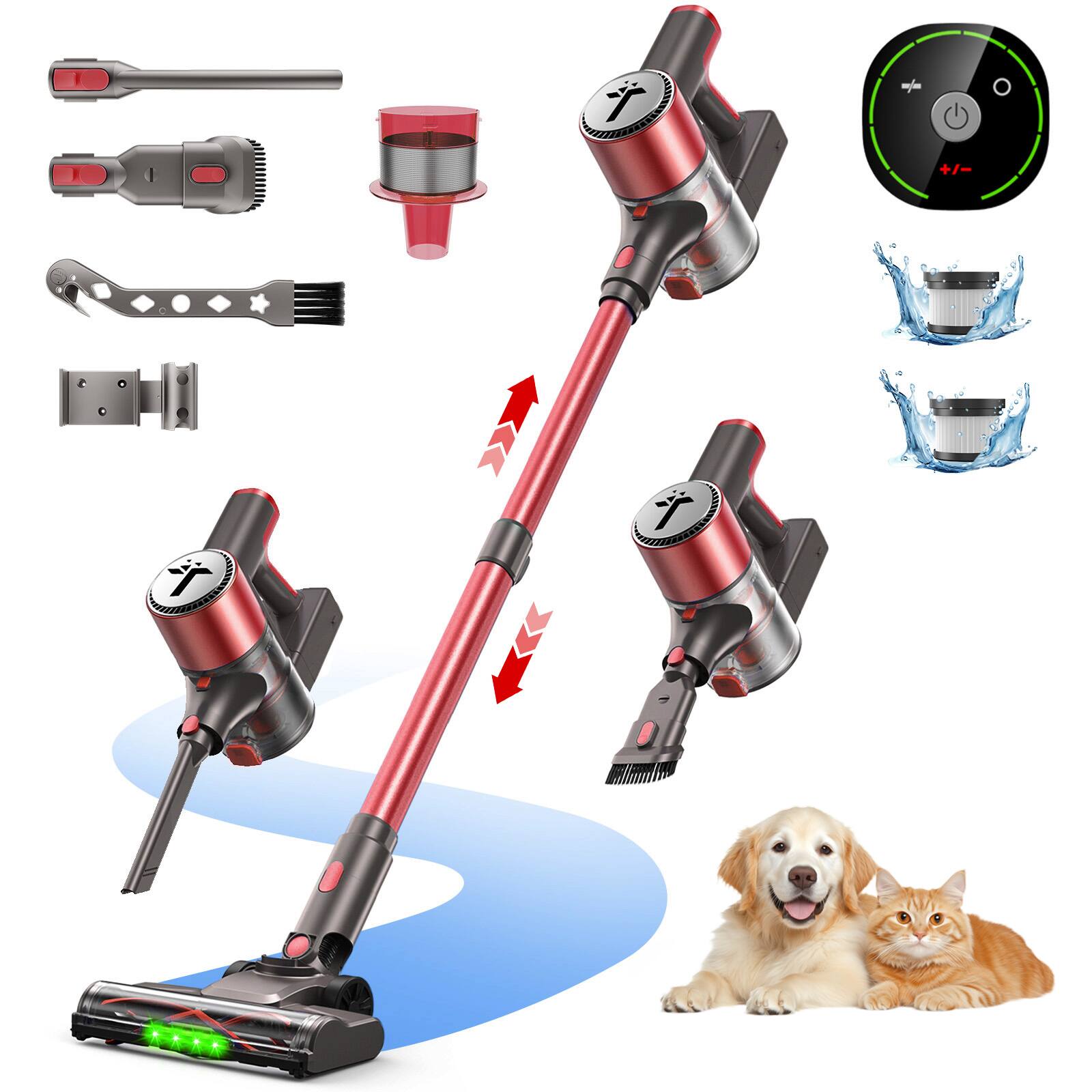 Teendow - Cordless Stick Vacuum, 50 Mins Runtime, Lightweight Cleaner for Pet Hair, HardFloors, Carpet & Rug - Red