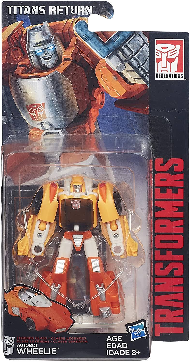 Sure, here is the corrected and grouped text from the image:

---

**TITANS RETURN**

**GENERATIONS**

**LEGENDS CLASS - CLASSE LÉGENDES - CLASE LENDARIA - AUTOBOT WHEELIE**

**AGE EDAD IDADE 8+**

**TRANSFORMERS**

**Hasbro**

---

This text is organized to reflect the information on the packaging.