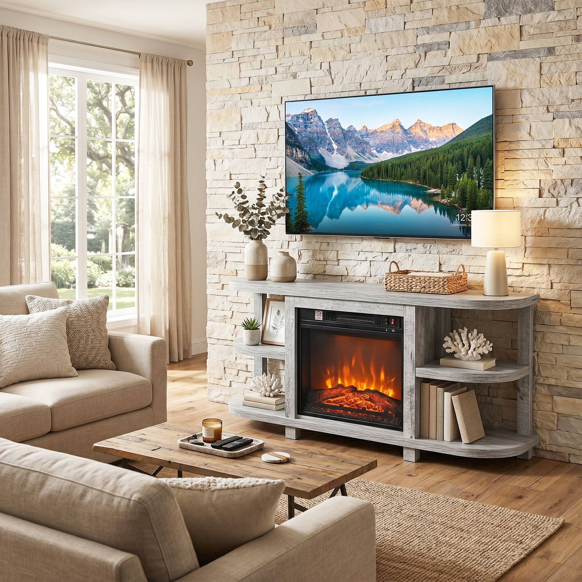 Back. Ihomeadore - 48" TV Stand with 18" Insert Electric Fireplace and Open Storage Shelves Media Console for TVs up to 55" - Gray.