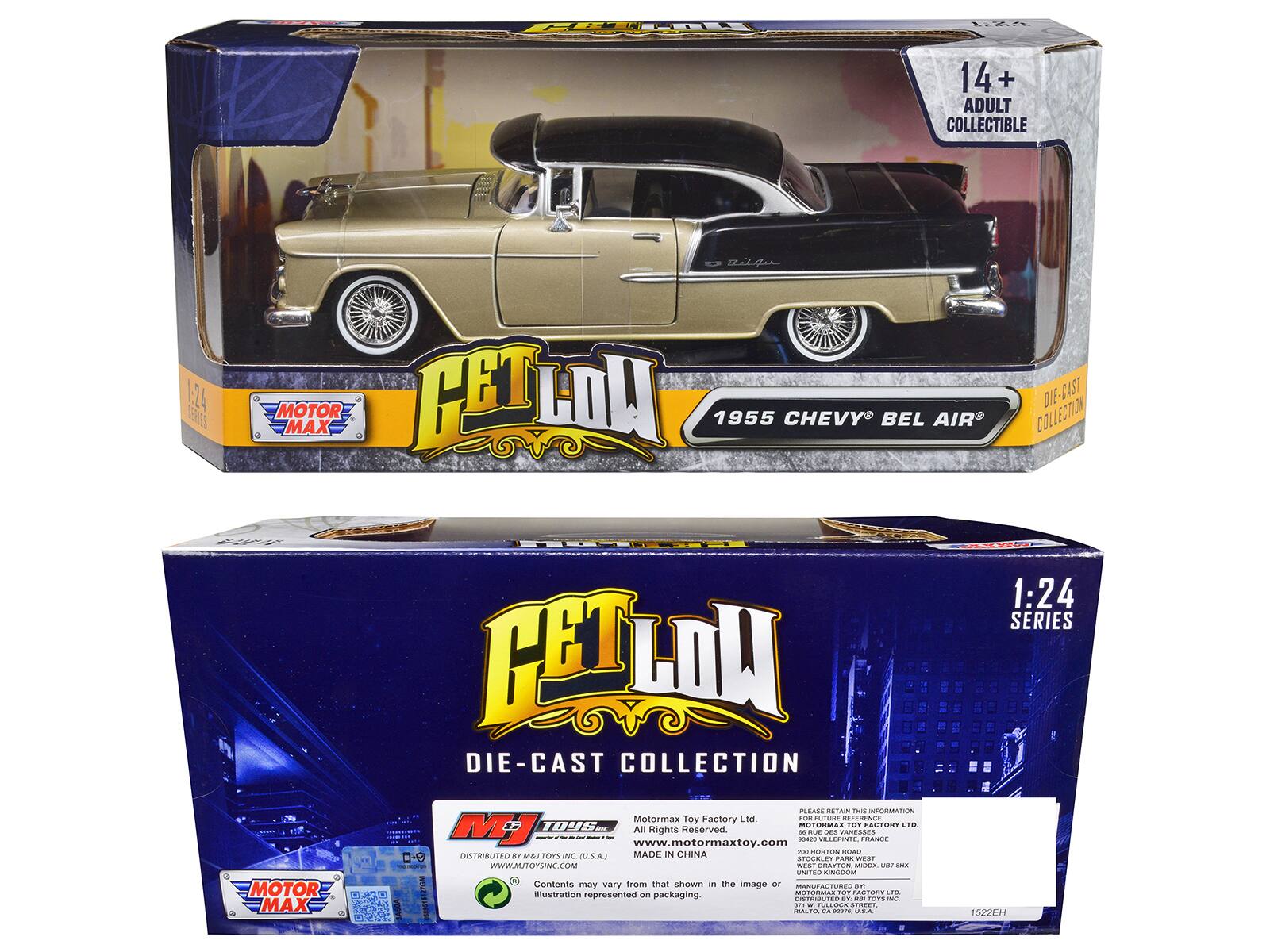 EEAN LgA 14+ ADULT COLLECTIBLE 1:24 SERIES MOTOR MAX CET Gv LOU 1955 CHEVY BEL AIR DIE-CAST DIE COLLECTION GETLOU DIE-CAST COLLECTION 1:24 SERIES - MOTOR MAX PLEAME ACTAN INFORMATION Motormax Toy Factory Ltd FUTURE REFERENCE IUS MOTORMAS TOY FACTORY LT All Rights Reserved - A .. AMN. - V2 VLLEPNTE FRANCE www.motormaxtoy.com MADE IN CHINA 2 aao ROAO 0-0 DISTRIBUTED BY MJ&J TOYS INC. U.S.AJ AA E.T ATKO WWW.MJTOYSINC.COM DT C FOm -d U i UTEO TOM Contents may vary from that shown in the image or illustration represented on packaging.