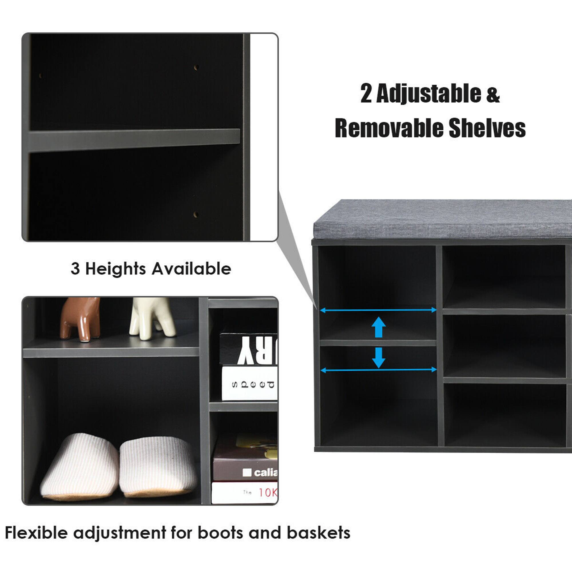 The image features a storage unit with two adjustable and removable shelves. The shelves are available in three different heights, providing flexibility and convenience for storing various items. The storage unit is designed to accommodate boots and baskets, making it a versatile and practical addition to any home or office space.
