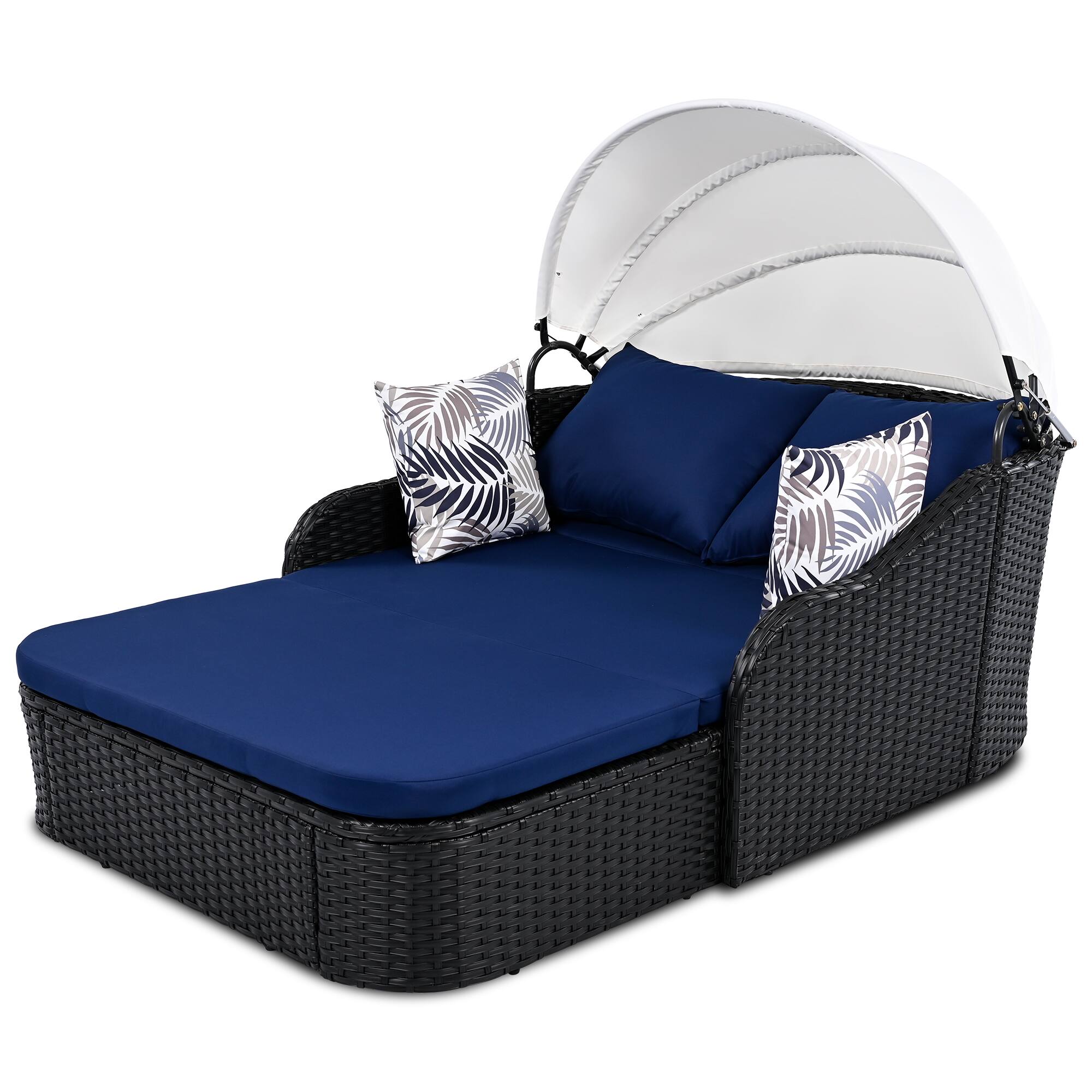 Alt View 4. Mondawe - 79.9" Outdoor PE Rattan Daybed with Adjustable Canopy with Beige Cushion - Black+Blue.