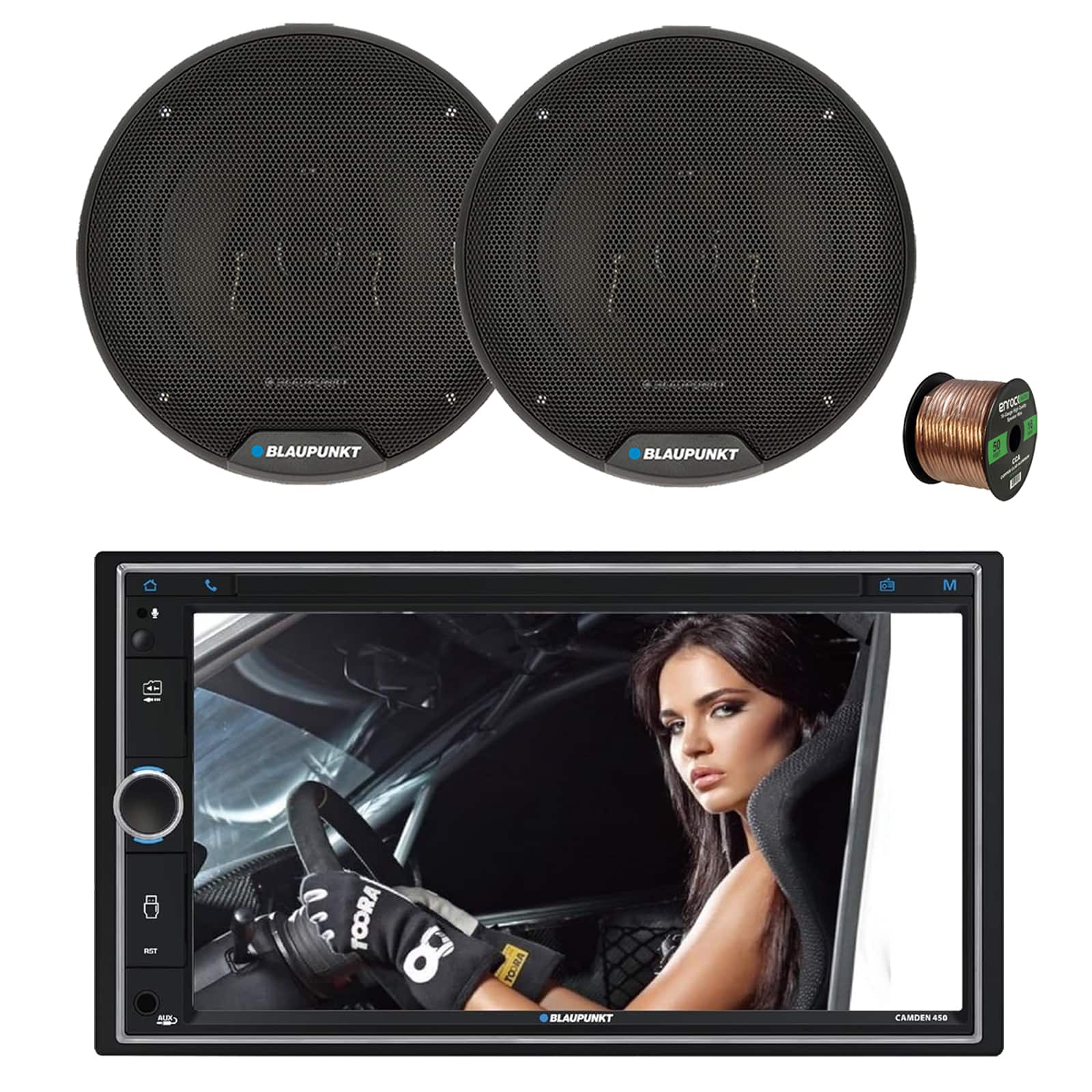 Blaupunkt - CAMDEN 450 7” Touchscreen Double DIN Bluetooth AM/FM Receiver, 2x 6" 40 Watt Max 3-Way Car Speakers w/ Wire