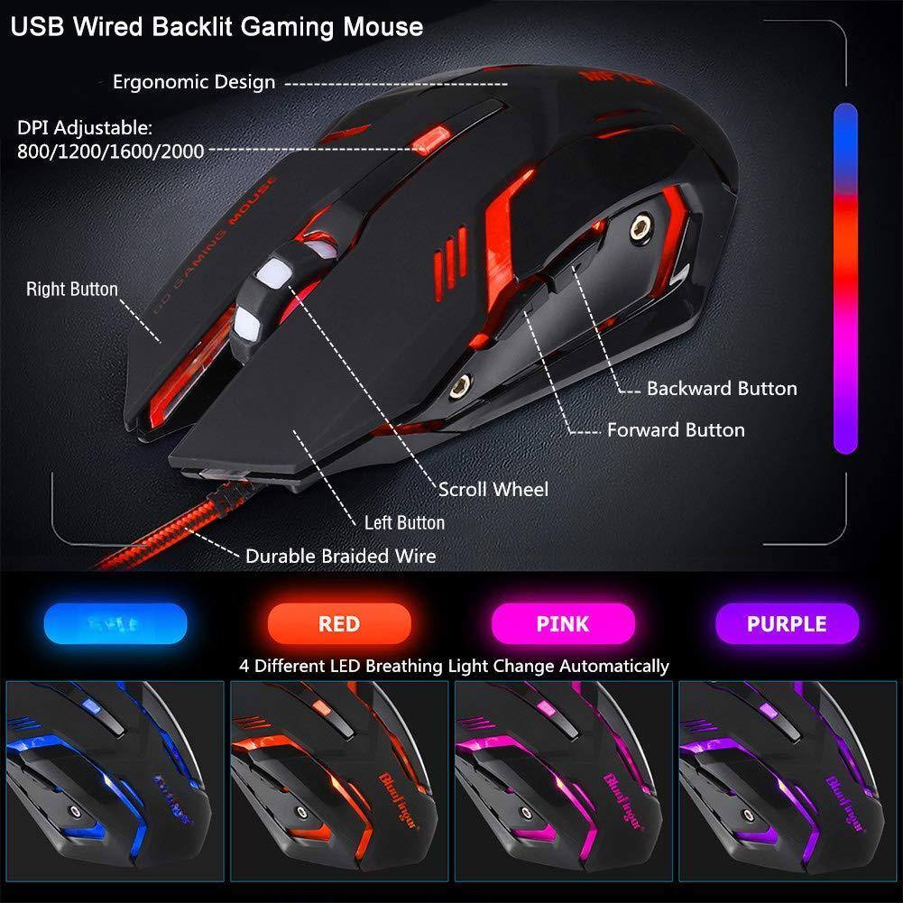 USB Wired Backlit Gaming Mouse

- Ergonomic Design
- DPI Adjustable: 800/1200/1600/2000
- Right Button
- Backward Button
- Forward Button
- Scroll Wheel
- Left Button
- Durable Braided Wire

4 Different LED Breathing Light Change Automatically
- RED
- PINK
- PURPLE
- BLUE