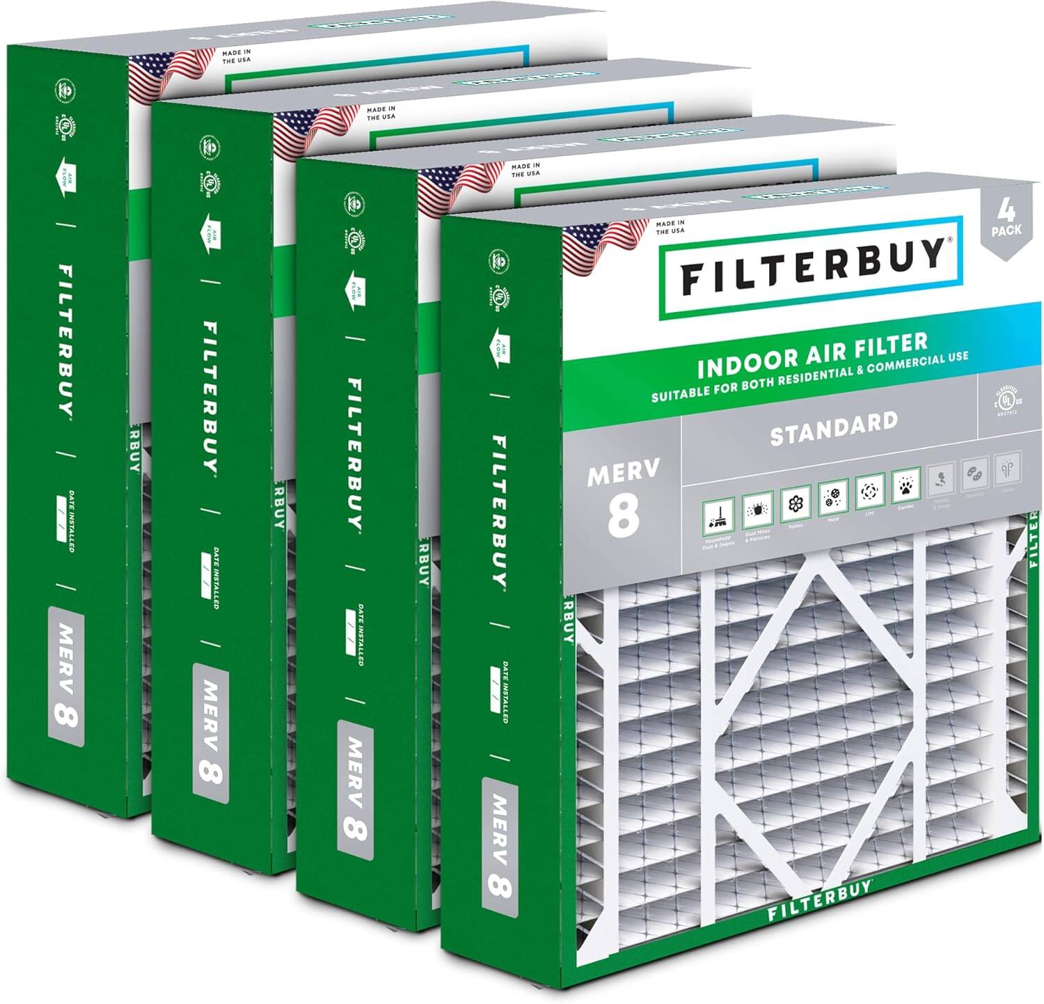 Filterbuy - 21x21x5 MERV 8 Dust & Allergy Defense, Pleated HVAC AC Furnace Air Filters Replacement for Rheem & Ruud (4-Pack) - Silver