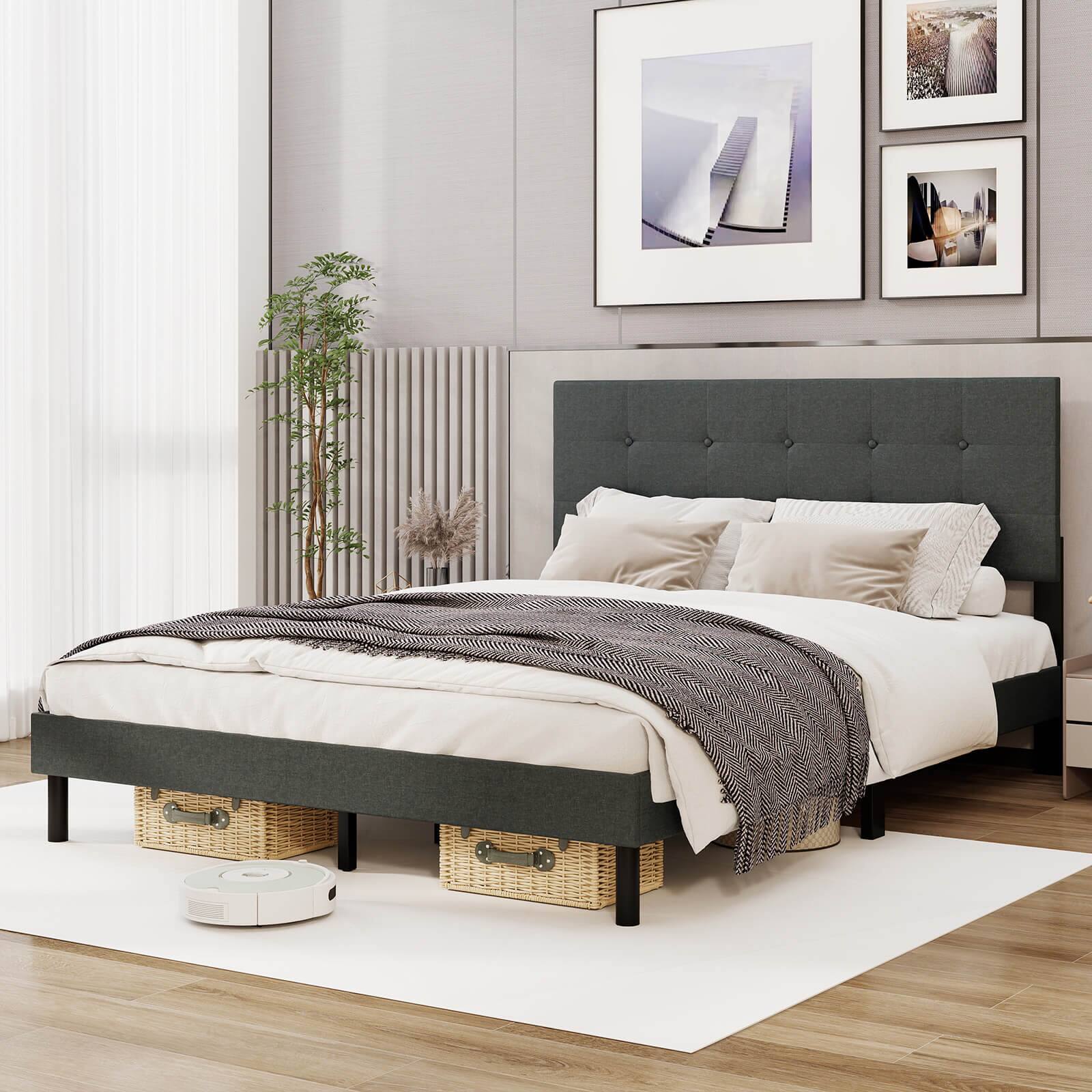 Alt View 3. Costway - Costway Queen Size Bed Frame Linen Upholstered Platform Bed Frame with Tufted Headboard - Gray.