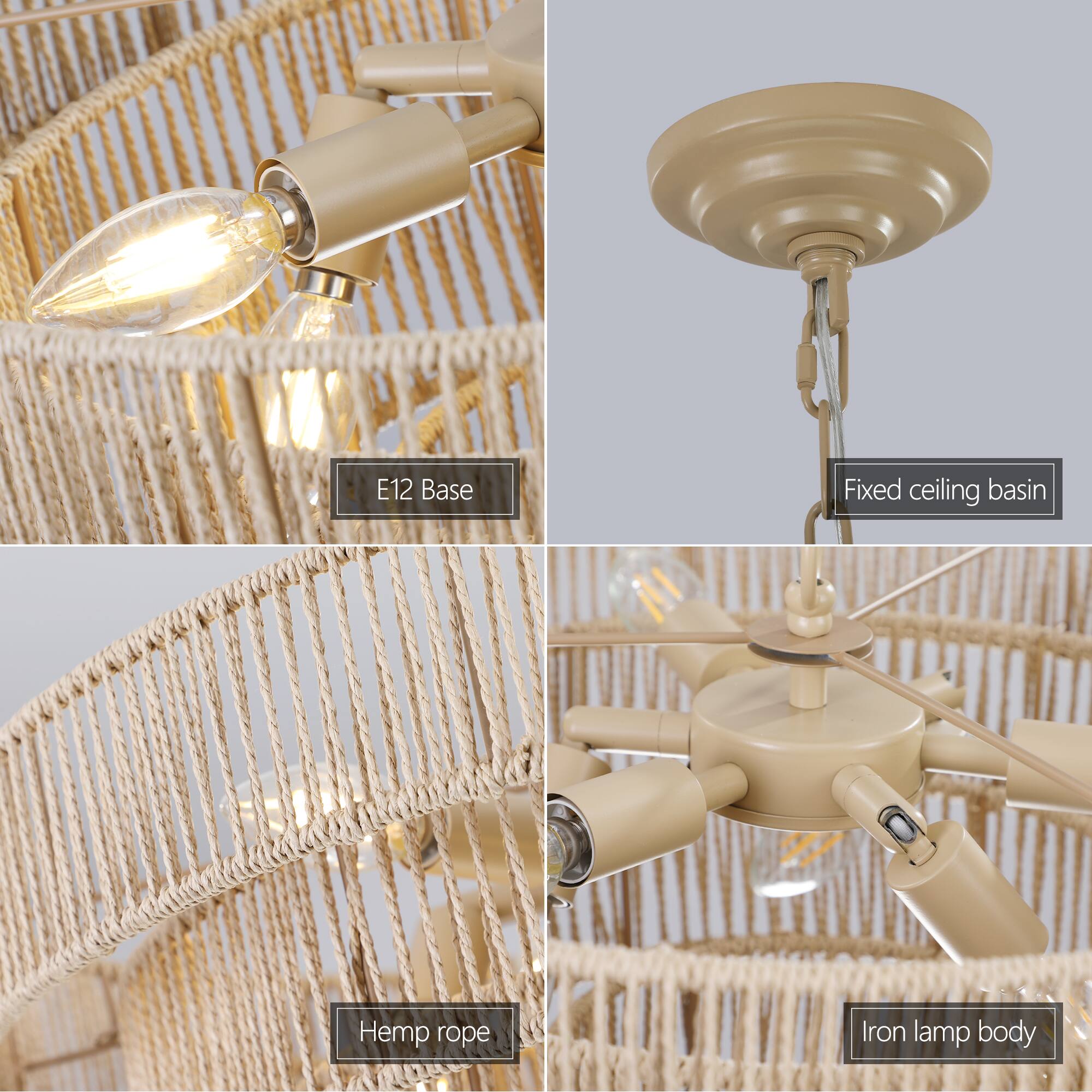 - E12 Base
- Fixed ceiling basin
- Hemp rope
- Iron lamp body