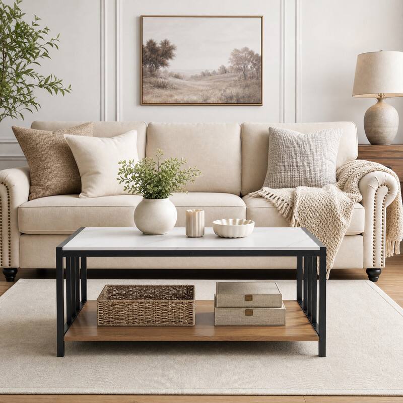 Angle. WELLFOR - 33.5" Modern Coffee Table with Sintered Stone Tabletop,2 Tier Rectangle Center Table Cocktail Tea Table for Living Room - White.