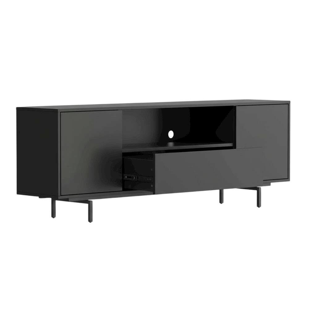 Back. FurniFact - Black Laminate TV Console with 3 Doors and Modern Design - Black.