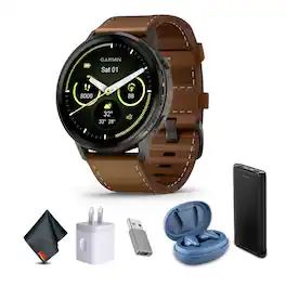Garmin - Venu 4, 45mm, Advanced Health and Fitness GPS Smartwatch, Slate with Brown Leather Band - Brown - (2025)