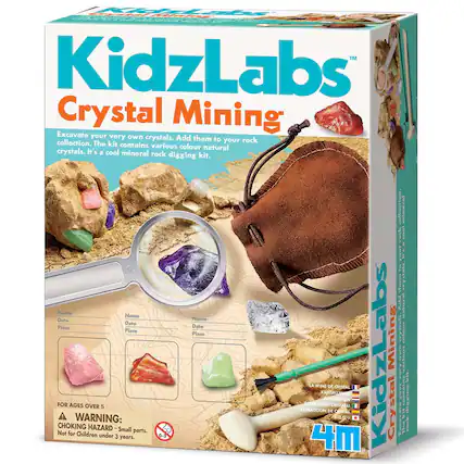 KidzLabs Crystal Mining Excavate your very own crystals. Add them to your rock collection. The kit contains various colour natural crystals. It's a cool mineral rock digging kit. Name Name Date Dato Place Place FOR AGES OVER 5 A WARNING: CHOKING HAZARD-Small Small Not for parts. Children under 3 years.