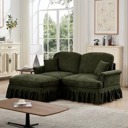 Anysun - Mid-Century L-Shape Chenille Loveseat with Ottoman - Flared Arms, Ruffled Skirt & Spindle Legs - Green