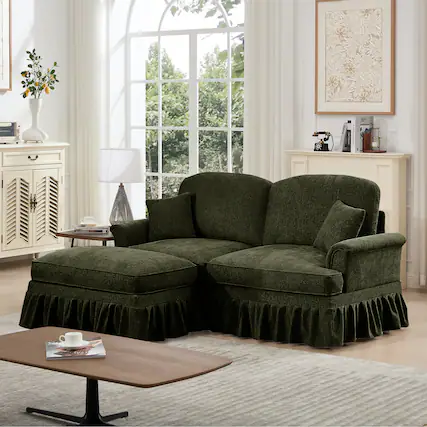Front. Anysun - Mid-Century L-Shape Chenille Loveseat with Ottoman - Flared Arms, Ruffled Skirt & Spindle Legs - Green.