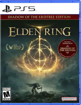 P, PS5, SHADOW OF THE ERDTREE EDITION, ELDEN RING, INCLUDES: EXPANSION, 2022 GAME OF THE YEAR WINNER, SHADOW OF THE ERDTREE, VOUCHER CODE INCLUDED, MATURE 17+, M, ESRB, BANDAI NAMCO - M (Mature 17+)